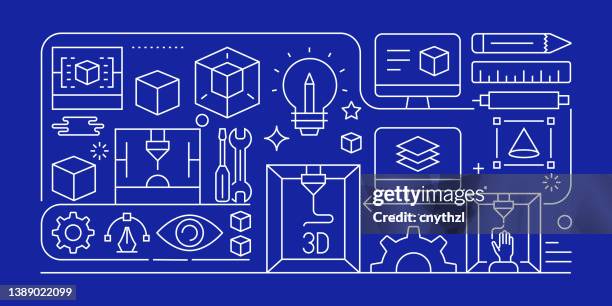 3d printing technology related vector banner design concept, modern line style with icons - engineer computer stock illustrations