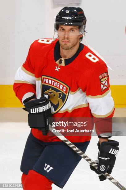 Ben Chiarot of the Florida Panthers warms up prior to the game against the Chicago Blackhawks at the FLA Live Arena on March 31, 2022 in Sunrise,...