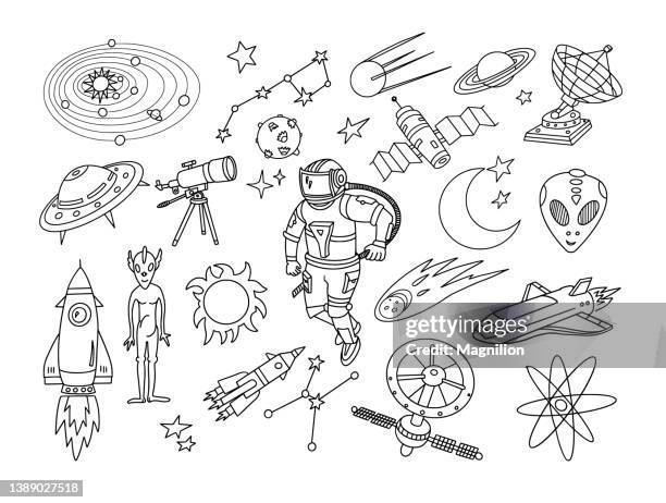 stockillustraties, clipart, cartoons en iconen met outer space doodle set - galaxy