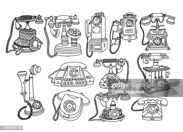 ilustraciones, imágenes clip art, dibujos animados e iconos de stock de juego de garabatos telefónicos retro - teléfono antiguo