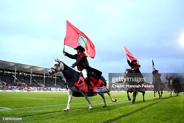 Crusaders horsemen entertain the crowd during the round seven Super Rugby Pacific match between the Crusaders and the Highlanders at Orangetheory...