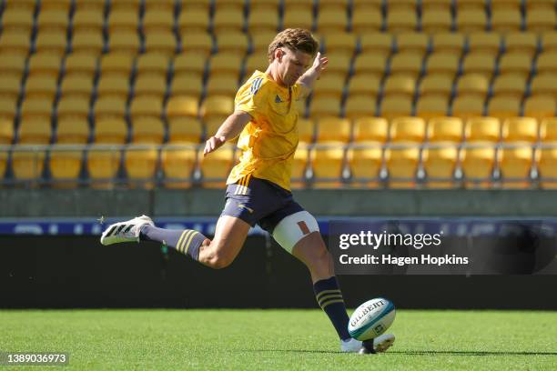 Jordie Barrett kiduring a Hurricanes training session at Sky Stadium on April 02, 2022 in Wellington, New Zealand.