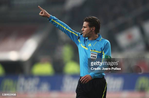 Referee Felix Brych gestures during the Second Bundesliga match between Fortuna Duesseldorf and Eintracht Frankfurt on February 13, 2012 in...