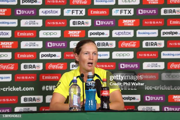 Meg Lanning of Australia speaks in a media conference following an Australia Women's Cricket World Cup squad training session at Hagley Oval on April...