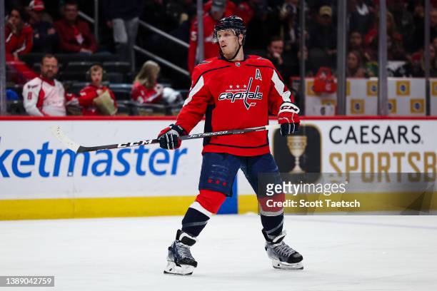 John Carlson of the Washington Capitals in action against the Carolina Hurricanes during the second period of the game at Capital One Arena on March...