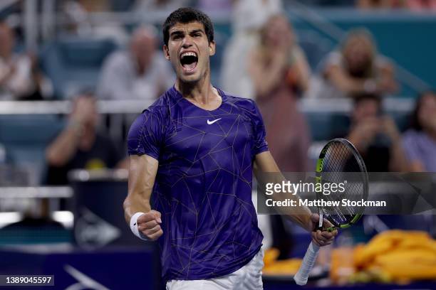 Carlos Alcaraz of Spain celebrates match point against Hubert Hurkacz of Poland during the semifinals of the Miami Open at Hard Rock Stadium on April...