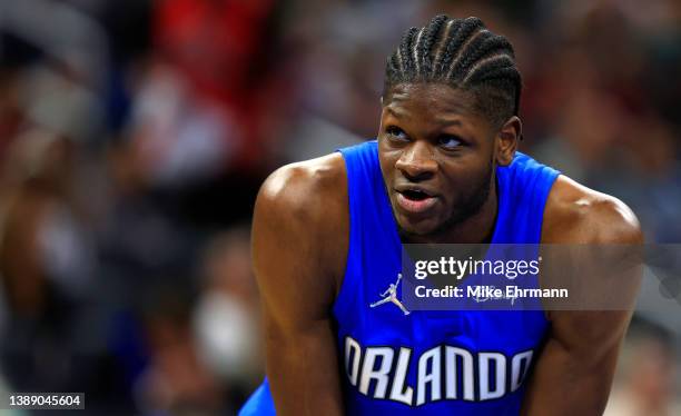 Mo Bamba of the Orlando Magic looks on during a game against the Toronto Raptors at Amway Center on April 01, 2022 in Orlando, Florida. NOTE TO USER:...