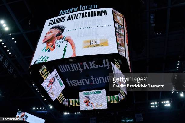 General view of the scoreboard as Giannis Antetokounmpo of the Milwaukee Bucks is honored for passing Kareem Abdul-Jabbar's Bucks franchise mark of...