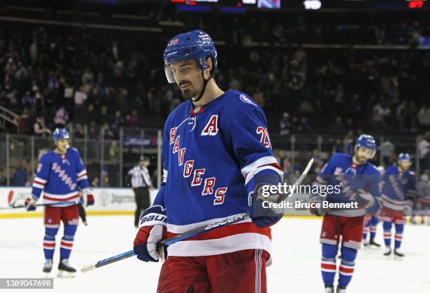 Chris Kreider of the New York Rangers leaves the ice following a 3-0 loss to the New York Islanders at Madison Square Garden on April 01, 2022 in New...