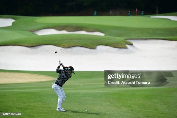 Chie Arimura of Japan hits her second shot on the 2nd hole during the third round of Yamaha Ladies Open Katsuragi at Katsuragi Golf Club Yamana...