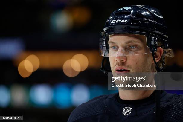 Jamie Oleksiak of the Seattle Kraken warms up before the game against the Vegas Golden Knights at Climate Pledge Arena on April 01, 2022 in Seattle,...