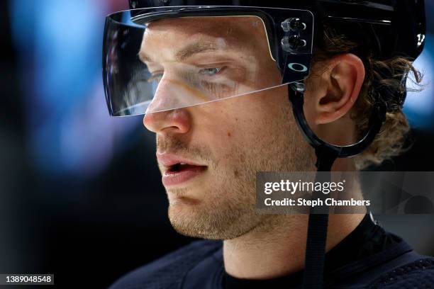 Jamie Oleksiak of the Seattle Kraken warms up before the game against the Vegas Golden Knights at Climate Pledge Arena on April 01, 2022 in Seattle,...