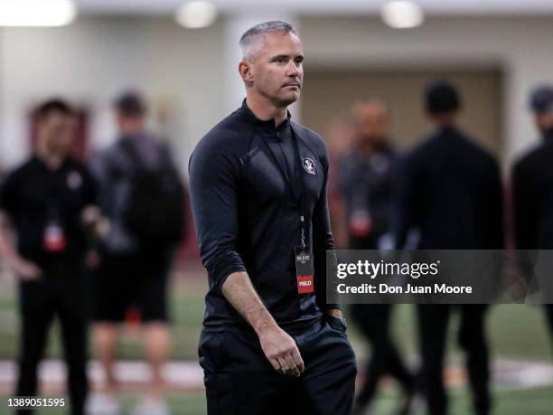 Head Coach Mike Norvell during Florida State Pro Day at the Dunlap Training Facility on the campus of FSU on March 29, 2022 in Tallahassee, Florida.