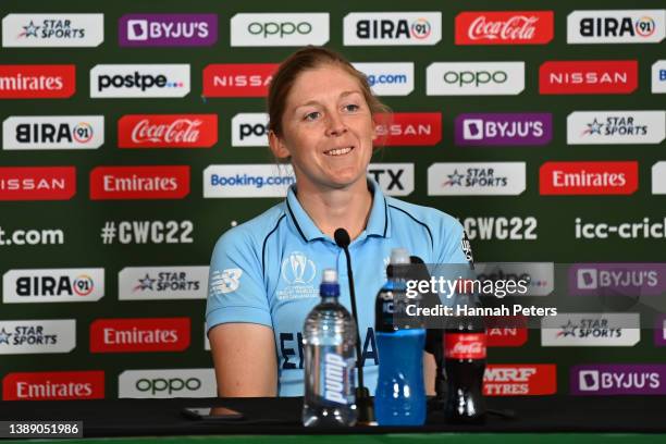 Heather Knight of England is interviewed by thew media ahead of an England Women's Cricket World Cup squad training session at Hagley Oval on April...