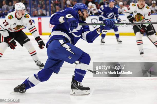 Anthony Cirelli of the Tampa Bay Lightning skates against the Chicago Blackhawks during the first period at Amalie Arena on April 1, 2022 in Tampa,...