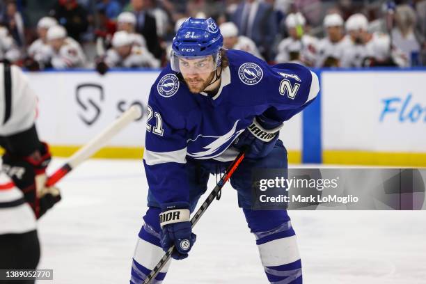 Brayden Point of the Tampa Bay Lightning skates against the Chicago Blackhawks during the first period at Amalie Arena on April 1, 2022 in Tampa,...