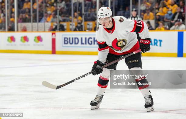 Drake Batherson of the Ottawa Senators skates against the Nashville Predators during an NHL game at Bridgestone Arena on March 29, 2022 in Nashville,...