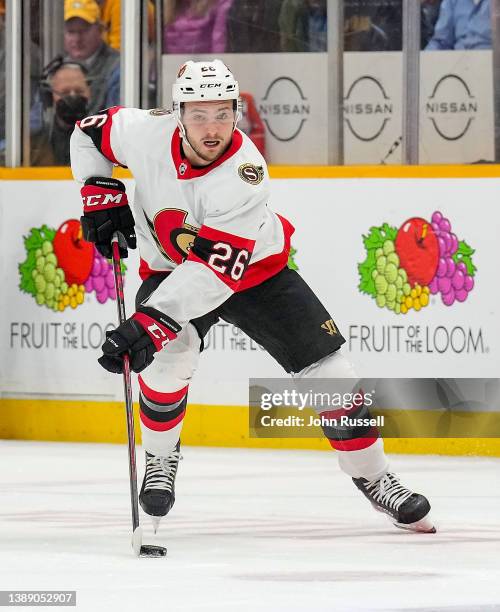 Erik Brannstrom of the Ottawa Senators skates against the Nashville Predators during an NHL game at Bridgestone Arena on March 29, 2022 in Nashville,...