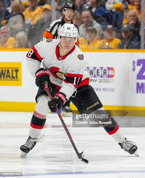 Tim Stützle of the Ottawa Senators skates against the Nashville Predators during an NHL game at Bridgestone Arena on March 29, 2022 in Nashville,...
