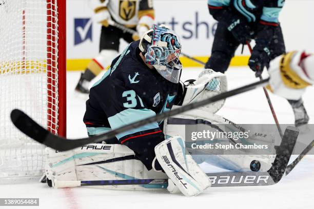 Philipp Grubauer of the Seattle Kraken makes a save\ against the Vegas Golden Knights during the first period at Climate Pledge Arena on April 01,...