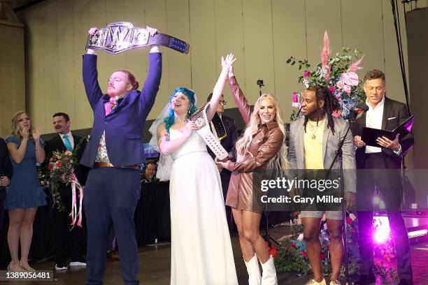 Sam Lyle, Emma St. John, WWE stars Dana Brooke and Reggie and 2K CEO Strauss Zelnick participate in the WWE 2K22 "Match Made In Heaven" WrestleMania...