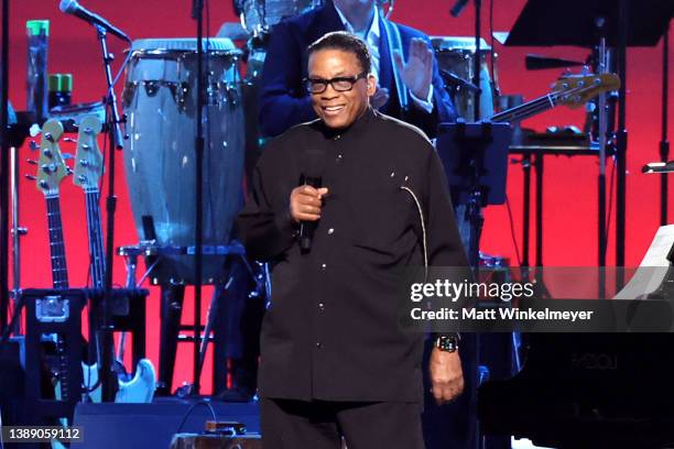 Herbie Hancock speaks onstage during MusiCares Person of the Year honoring Joni Mitchell at MGM Grand Marquee Ballroom on April 01, 2022 in Las...