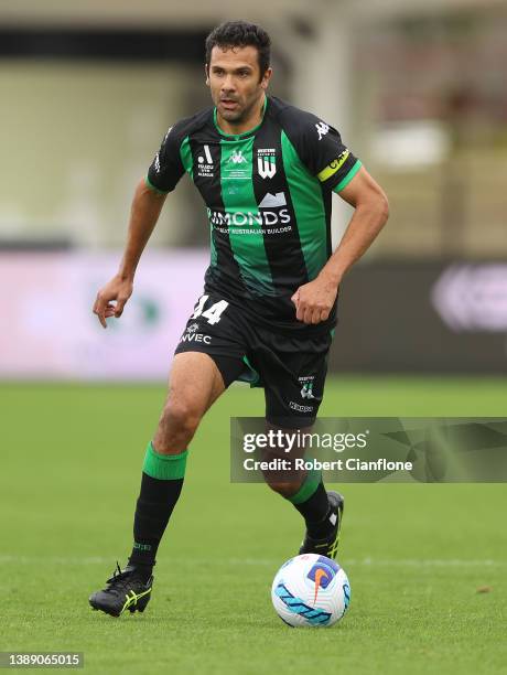 Nikolai Topor-Stanley of Western United runs with the ball during the A-League Mens match between Western United and Central Coast Mariners at Mars...