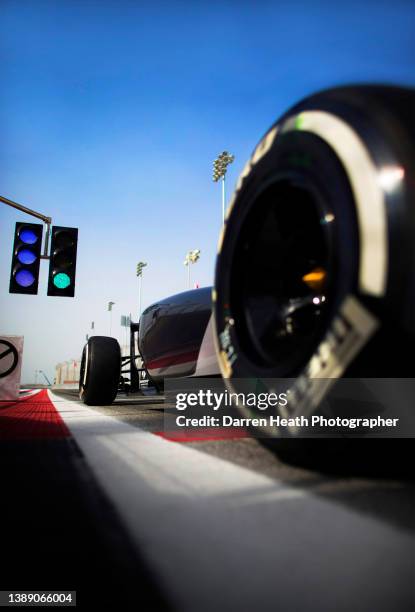 Close-up photograph of the left rear Pirelli P Zero tyre on a Sauber C33 Formula One team racing car driven by either German racing driver Adrian...