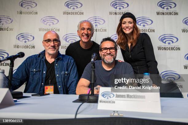 Neville Page, Scott Mantz, James Mackinnon and Annie Wersching pose for photos after the "Star Trek: Picard" panel at WonderCon 2022 Day 1 at Anaheim...