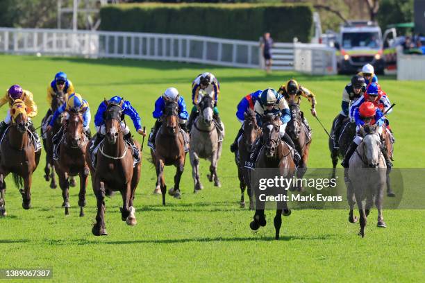 John Allen on Hitotsu wins race 7 the Bentley Australian Derby during The Star Championships Day 1 at Royal Randwick Racecourse on April 02, 2022 in...