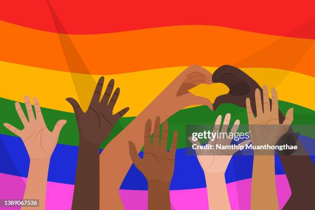 diversity ethnicity of lgbtq illustration concept shows the people shows up their hands on the rainbow flag for showing the diversity of people who are lgbtq. - mois des fiertés lgbtqia photos et images de collection