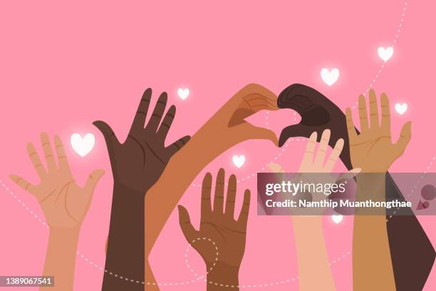 bame illustration concept shows people showing their hands up on the pink background. - community figures foto e immagini stock