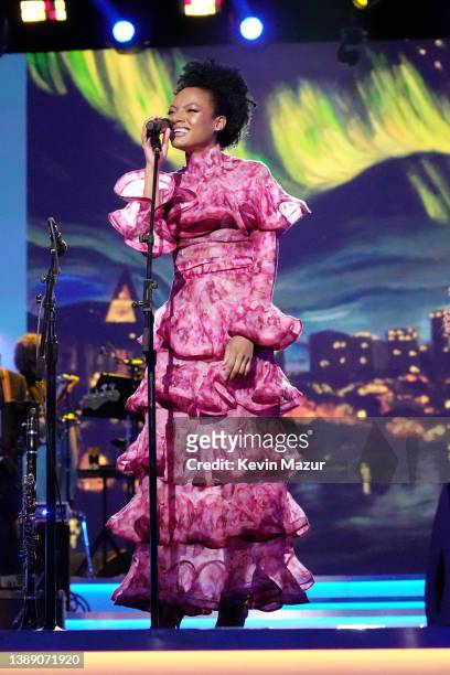 Allison Russell performs onstage during MusiCares Person of the Year honoring Joni Mitchell at MGM Grand Marquee Ballroom on April 01, 2022 in Las...