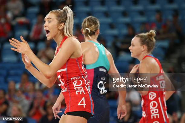 Helen Housby of the Swifts reacts during the round two Super Netball match between Sydney Swifts and Melbourne Vixens at Ken Rosewall Arena on April...