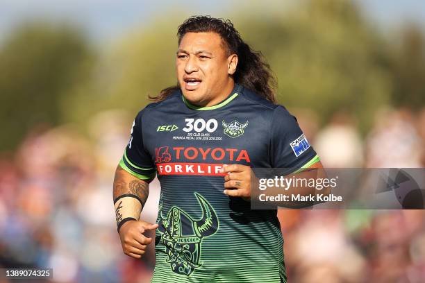 Josh Papalii of the Raiders runs during the warm-up before the round four NRL match between the Manly Sea Eagles and the Canberra Raiders at Glen...