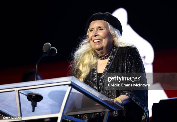 Honoree Joni Mitchell accepts the Person of the Year award onstage during MusiCares Person of the Year honoring Joni Mitchell at MGM Grand Marquee...