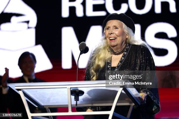 Honoree Joni Mitchell accepts the Person of the Year award onstage during MusiCares Person of the Year honoring Joni Mitchell at MGM Grand Marquee...