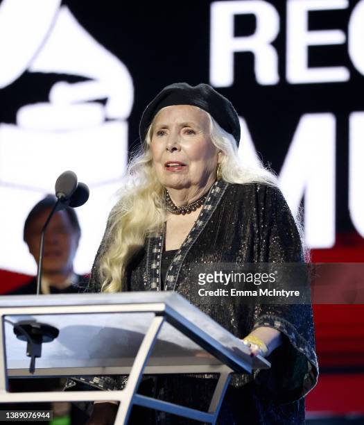 Honoree Joni Mitchell accepts the Person of the Year award onstage during MusiCares Person of the Year honoring Joni Mitchell at MGM Grand Marquee...