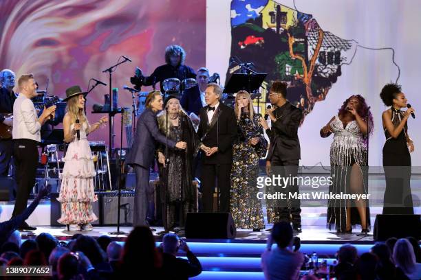 Scott Hoying, Lauren Daigle, Brandi Carlile, Joni Mitchell, Holly Laessig, Jon Batiste, Yola, and Allison Russell onstage during MusiCares Person of...