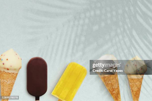 top view popsicles and ice cream in summer pastel surface - whip cream dollop stock pictures, royalty-free photos & images