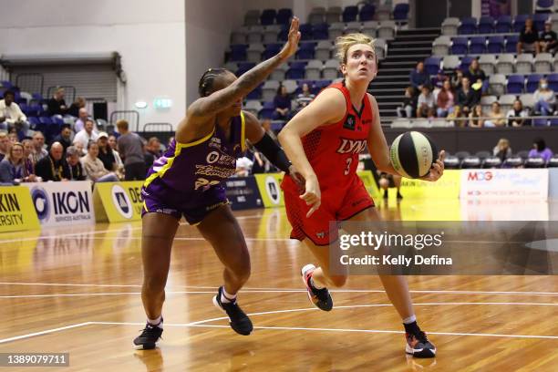 Marina Mabrey of the Lynx dribbles the ball against Tiffany Mitchell of the Boomers during game one of the WNBL Finals series between Melbourne...