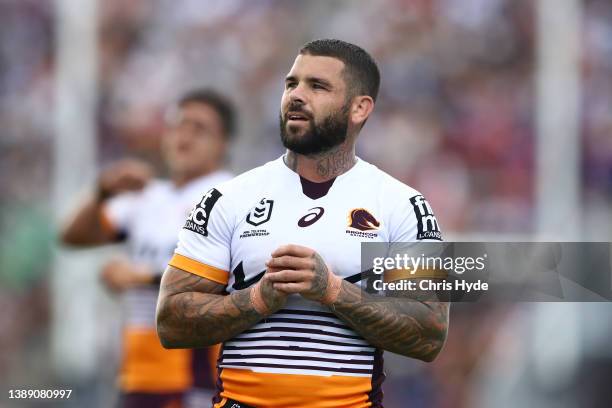 Adam Reynolds of the Broncos looks on during the round four NRL match between the New Zealand Warriors and the Brisbane Broncos at Moreton Daily...