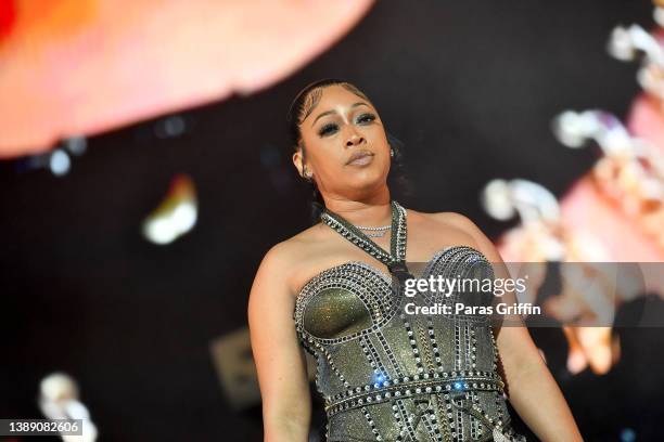 Rapper Trina performs onstage during the Legendz Of The Streetz tour at State Farm Arena on April 01, 2022 in Atlanta, Georgia.