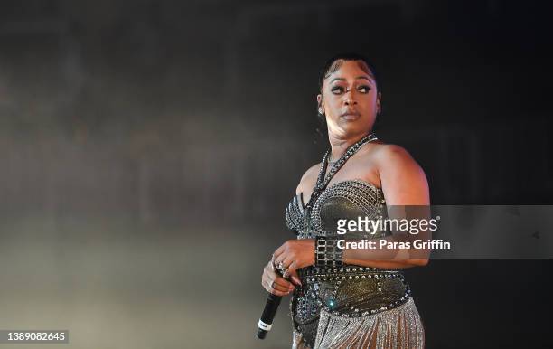 Rapper Trina performs onstage during the Legendz Of The Streetz tour at State Farm Arena on April 01, 2022 in Atlanta, Georgia.