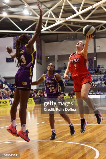 Marina Mabrey of the Lynx shoots against Ezi Magbegor of the Boomers during game one of the WNBL Finals series between Melbourne Boomers and Perth...