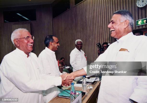 Om Prakash Chautala Chief Minister of Haryana from Indian National Lok Dal meeting the Finance Minister Yashvant Sinha in New Delhi on June 22, 2001.