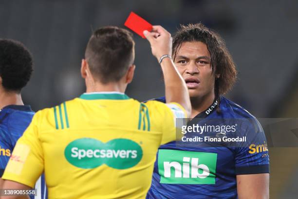 Caleb Clarke of the Blues is sent off with a red card by referee James Doleman during the round seven Super Rugby Pacific match between the Blues and...