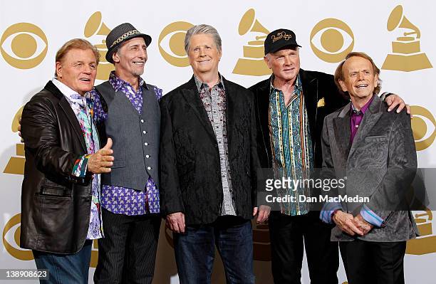 Musicians Bruce Johnston, David Marks, Brian Wilson, Mike Love and Al Jardine of The Beach Boys pose in the press room at the 54th Annual GRAMMY...