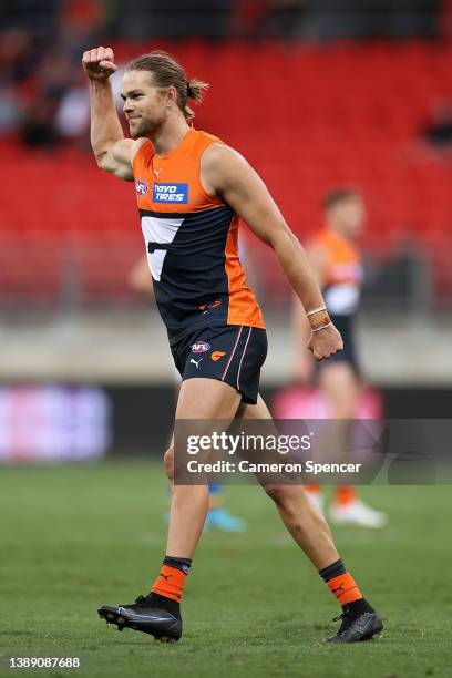 Harry Himmelberg of the Giants celebrates kicking a goal during the round three AFL match between the Greater Western Sydney Giants and the Gold...