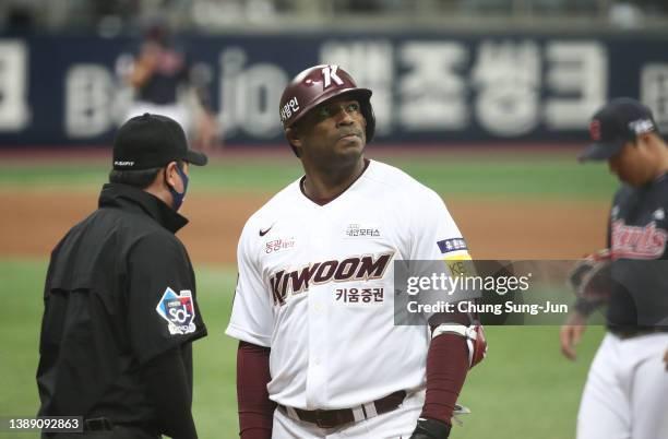 Outfielder Yasiel Puig of the Kiwoom Heroes reacts after flying out in the bottom of the eighth inning during the Korean Baseball Organization League...